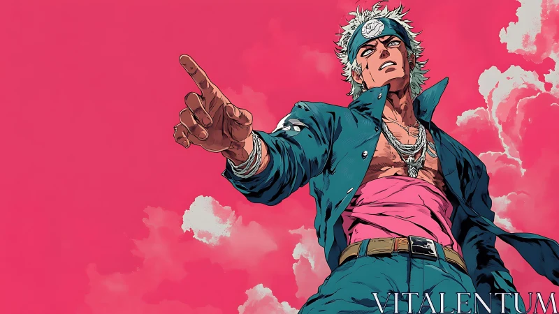 Defiant anime hero points upward against vivid pink sky