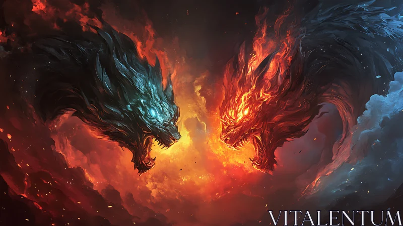 Opposed elemental wolf forms in red and blue energy field.