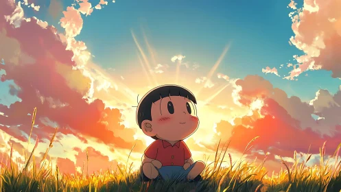 Child sits in tall grass under glowing sunset sky.