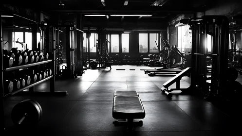 Moody monochrome weight room with central workout bench.