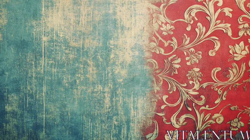 Distressed teal ground intersects ornate red baroque damask