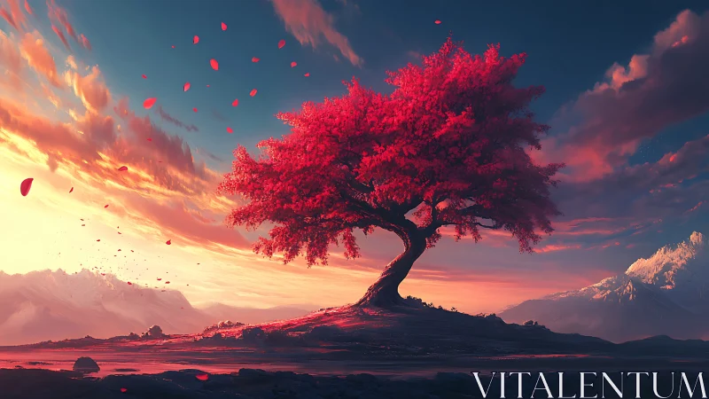 Crimson dreamtree leans into a molten cotton-candy sky