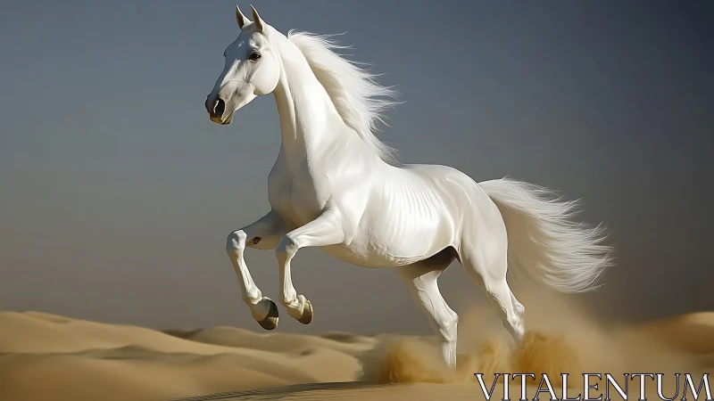Majestic white stallion gallops powerfully across desert sands.