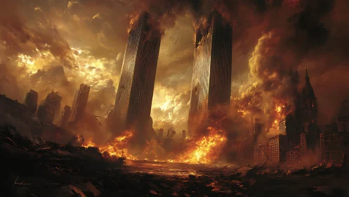 Urban skyline engulfed in large-scale structural fires.