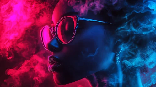 Neon lit profile portrait in magenta cyan vapor clouds.