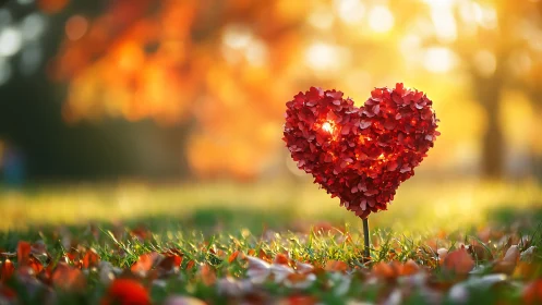 Red heart shaped topiary with autumn leaves, golden bokeh.