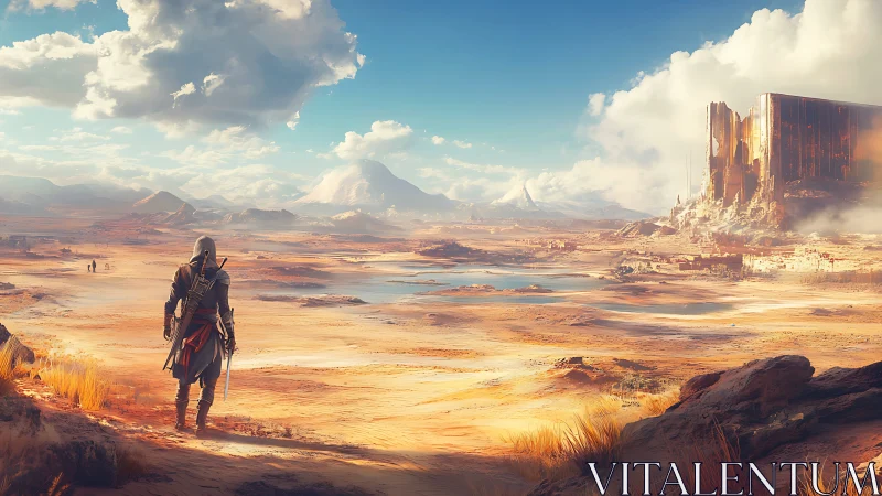 Hooded desert wanderer surveys vast sunlit sci fi ruins