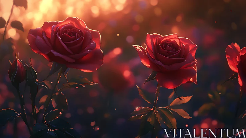 Luminescent Red Roses in Golden Bokeh Ambiance.