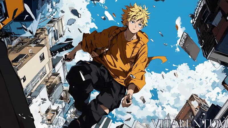 Dynamic anime figure traverses fragmented urban skyline