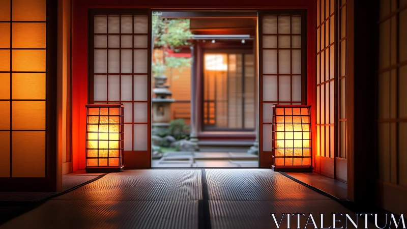 Tatami corridor with shoji geometry and lantern luminance study.