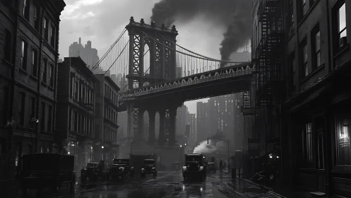 Moody noir view of bridge and vintage city street scene.
