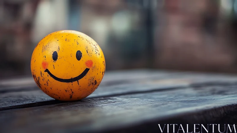 Worn yellow smiley ball resting on rough wooden table.