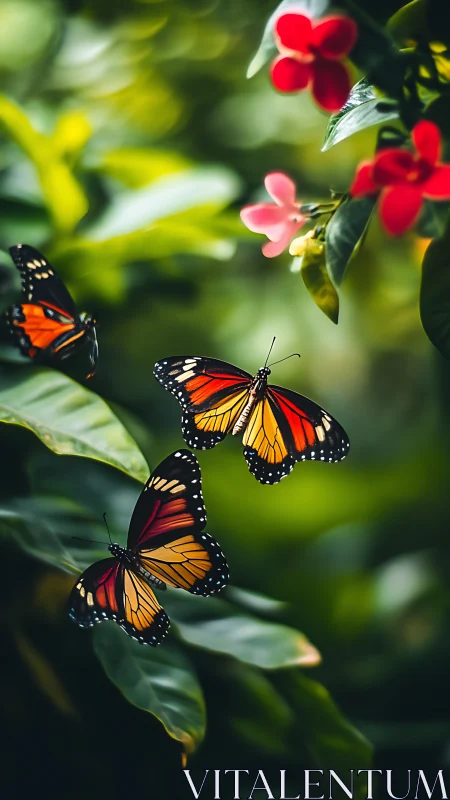 Three butterflies hover above green leaves and red flowers