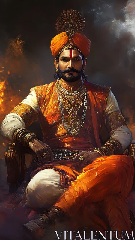 Regal warrior in ornate orange turban and royal attire.