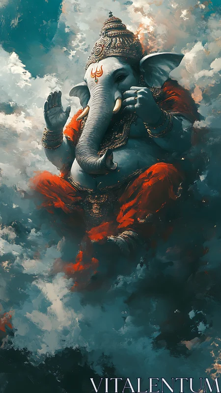 Cloudborne Ganesha drifts through teal storms in ember robes