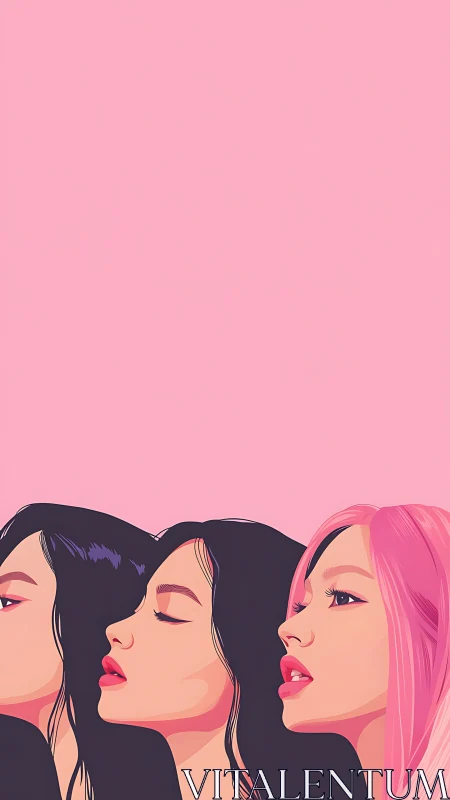 Stylized side profiles of three women on solid pink field