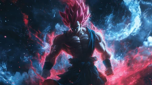 Cosmic warrior ascends in blazing red and blue energy storm