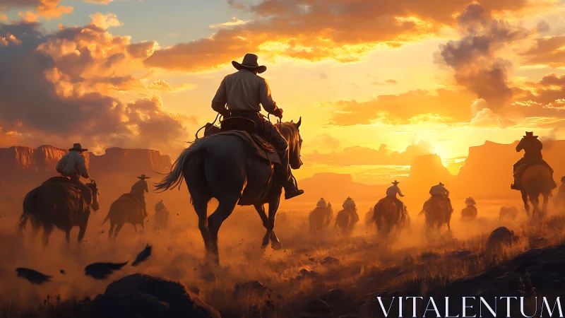 Cowboy riders traverse a sunlit desert plain at golden hour
