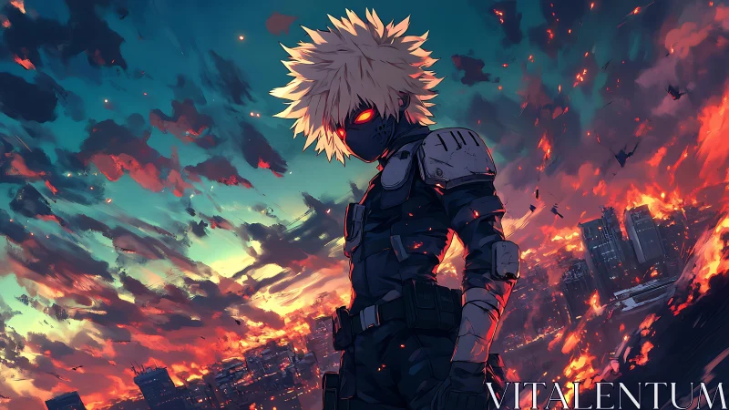 Masked antihero surveys a burning cyberpunk city at dusk.