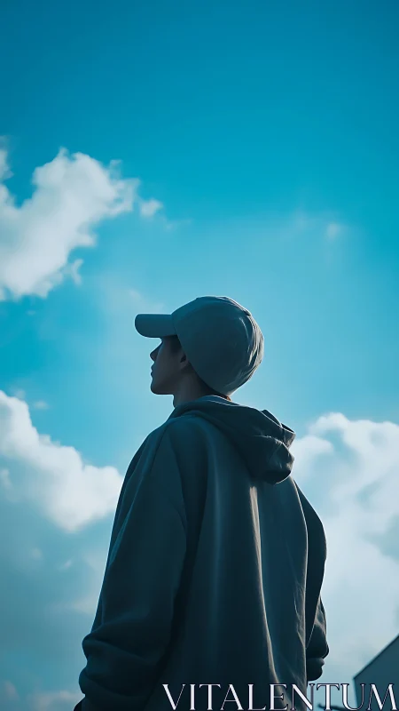Silhouetted hoodie figure under vivid blue afternoon sky.