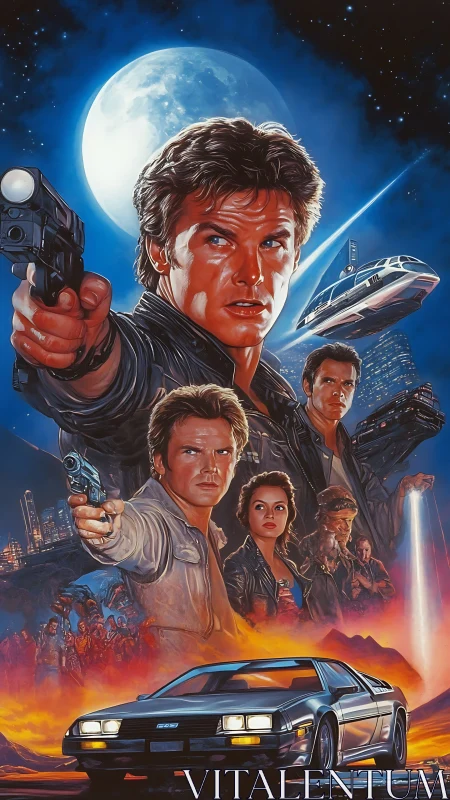 Retro sci fi showdown under a neon soaked moonlit sky.