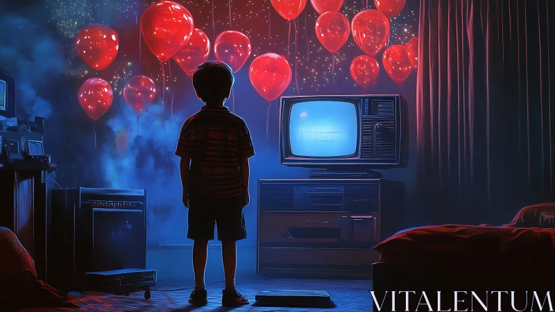 Midnight child watches glowing TV under red balloon sky.