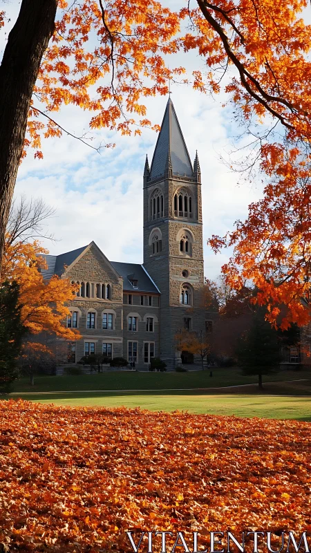 Historic stone clock tower framed by vivid autumn foliage.