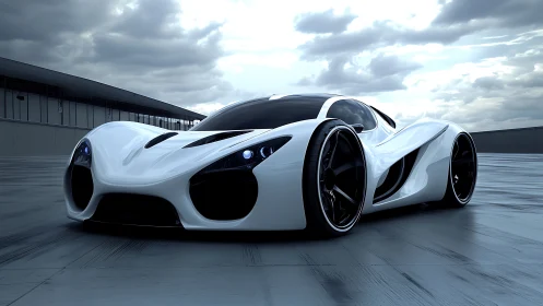 Low-slung white hypercar with fluid aerodynamics on wet track