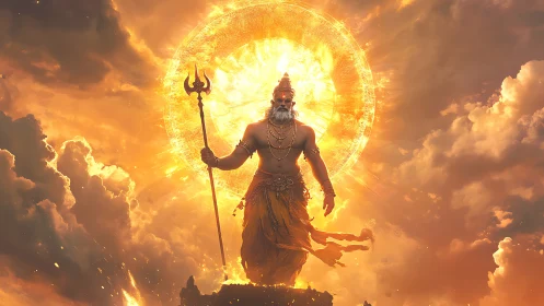 Sunforged guardian strides through clouds with blazing halo