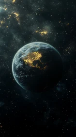 Earth at night in deep space with glowing city lights.