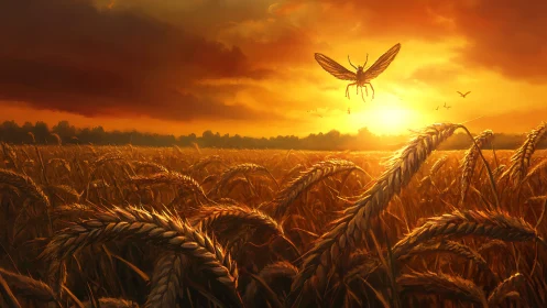 Apocalyptic wheat field under locust swarm at burning sunset