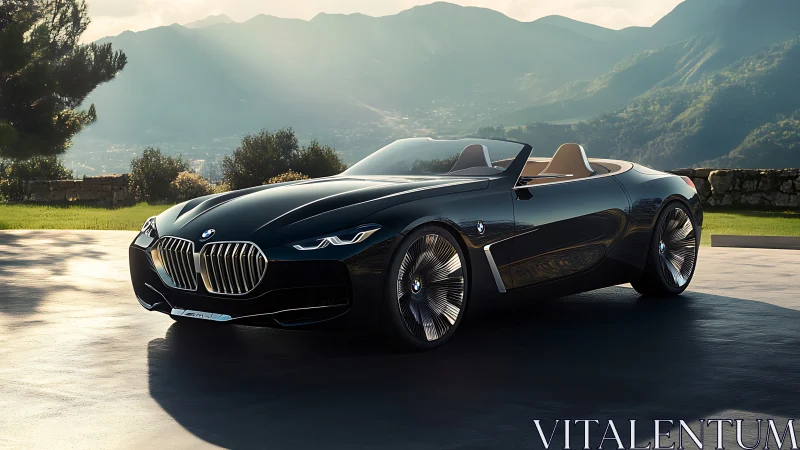 Aerodynamic BMW roadster concept in alpine terrace sunlight.