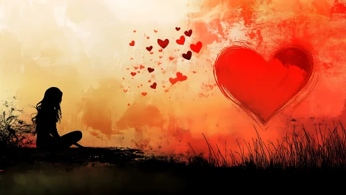 Silhouette woman watches hearts drift through sunset landscape.