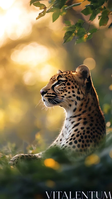 Photorealistic leopard portrait in backlit forest bokeh field.