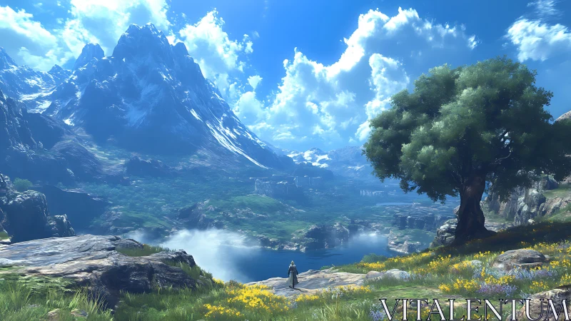 Digital painting of epic alpine valley with lone figure viewpoint.