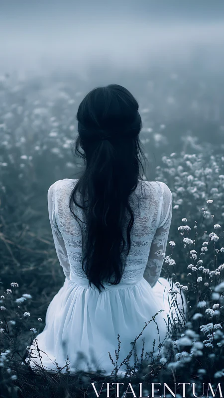 Quiet girl in white dress resting in a misty wildflower field.