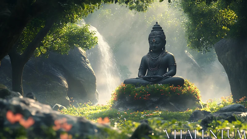 Monolithic dark stone Buddha statue in volumetric forest light