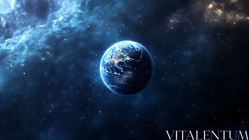 Lonely blue planet humming softly in a velvet star sea.