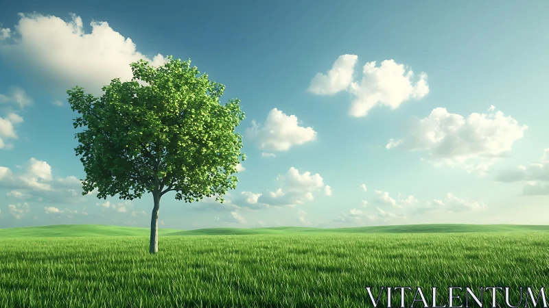 Lone Green Tree in Vast Meadow Under Bright Blue Sky, Realistic Style.