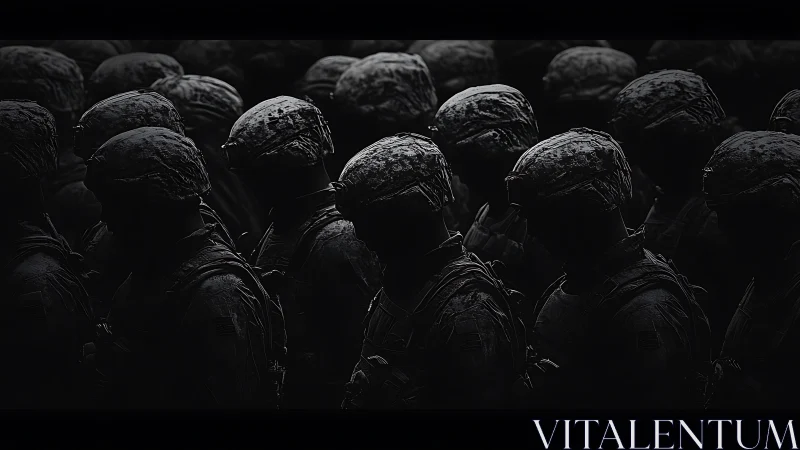 Low-key photoreal soldiers in dense formation, side silhouettes