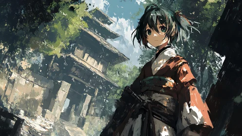 Samurai girl stands before weathered forest temple gate.