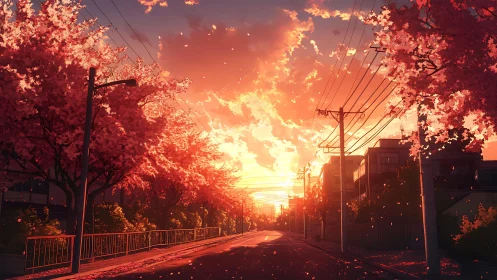 Sunset-soaked cherry blossom avenue in quiet urban street.