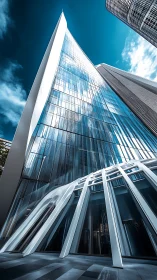 Glass and steel high-rise tower with angular lower structure.