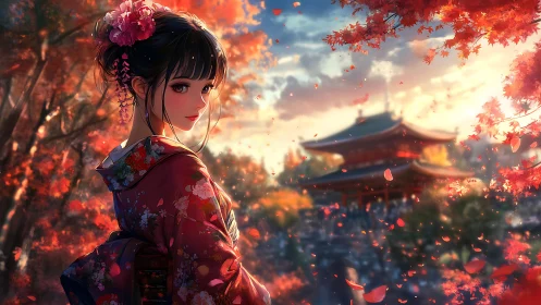 Elegant kimono girl gazes back amid glowing autumn shrine