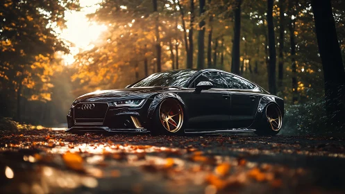 Gleaming black Audi rests low and proud on a golden forest road