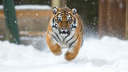 Tiger running through deep winter snow in mid stride.
