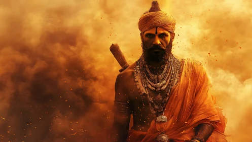 Warrior ascetic emerges from dense orange smoke with ornate armor