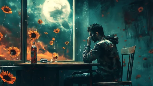 Moonlit reflections with a lonely dreamer at the window.