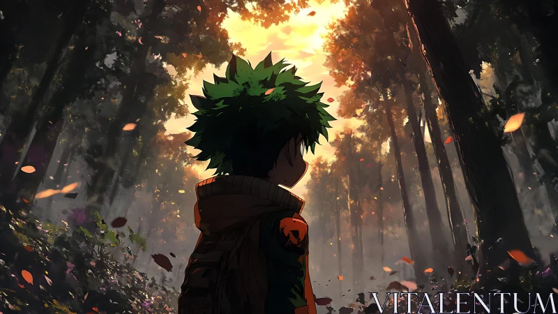 Backlit green-haired youth in cinematic autumn forest scene.