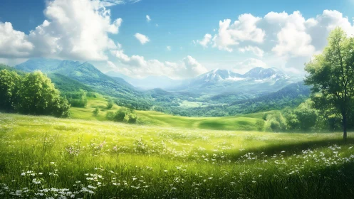 High-dynamic-range alpine meadow under volumetric cloudfield.